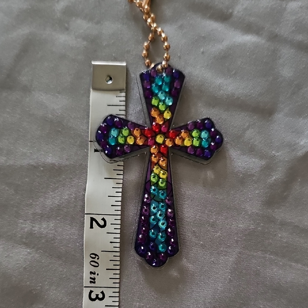 Colorful Rhinestone Cross Keychain with Gold Chain - Picture 4 of 4